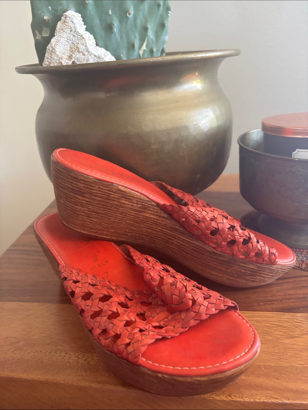 Braided Leather Wedge Sandals in Red